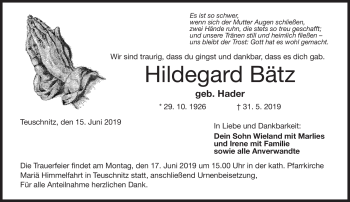 Traueranzeige von Hildegard Bätz von Neue Presse Coburg