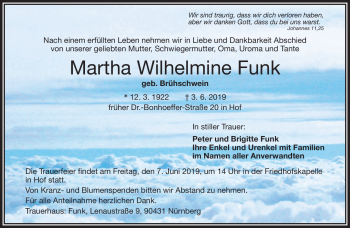 Traueranzeige von Martha Wilhelmine Funk von Frankenpost