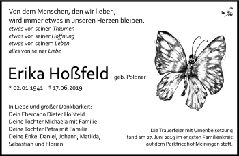 Traueranzeige von Erika Hoßfeld von Südthüringer Presse