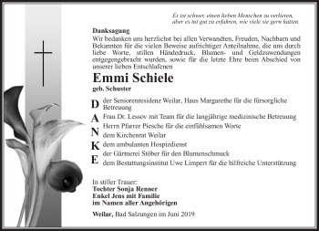 Traueranzeige von Emmi Schiele von Südthüringer Presse