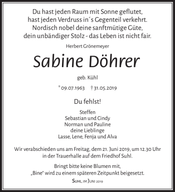 Traueranzeige von Sabine Döhrer von Südthüringer Presse