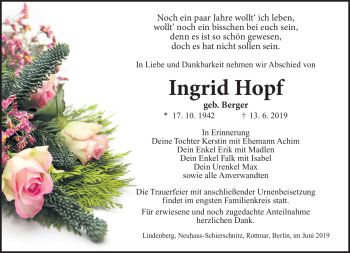 Traueranzeige von Ingrid Hopf von Südthüringer Presse