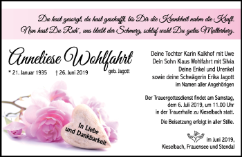 Traueranzeige von Anneliese Wohlfahrt von Südthüringer Presse