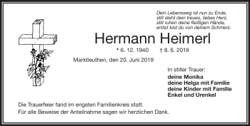 Traueranzeige von Hermann Heimerl von Frankenpost
