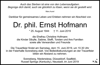 Traueranzeige von Ernst Hofmann von Südthüringer Presse