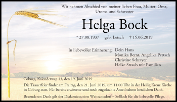 Traueranzeige von Helga Bock von Neue Presse Coburg