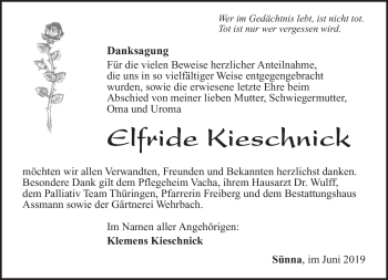 Traueranzeige von Elfride Kieschnick von Südthüringer Presse