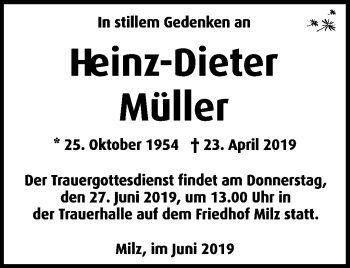Traueranzeige von Heinz Müller von Südthüringer Presse