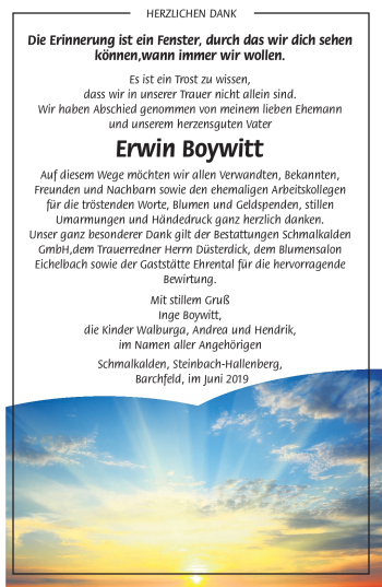 Traueranzeige von Erwin Boywitt von Südthüringer Presse