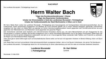 Traueranzeige von Walter Bach von Frankenpost