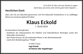 Traueranzeige von Klaus Eckold von Südthüringer Presse