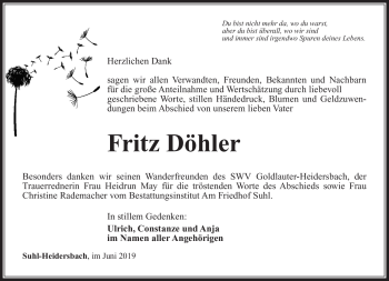 Traueranzeige von Fritz Döhler von Südthüringer Presse