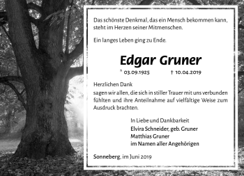 Traueranzeige von Edgar Gruner von Südthüringer Presse