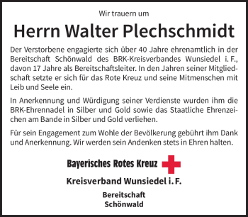 Traueranzeige von Walter Plechschmidt von Frankenpost