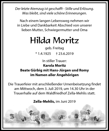 Traueranzeige von Hilda Moritz von Südthüringer Presse