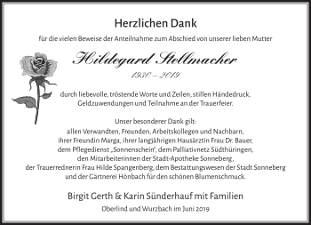 Traueranzeige von Hildegard Stellmacher von Südthüringer Presse