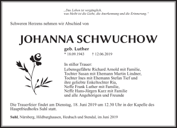 Traueranzeige von Johanna Schwuchow von Südthüringer Presse
