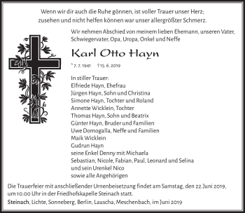 Traueranzeige von Karl Otto Hayn von Südthüringer Presse