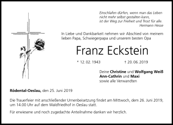 Traueranzeige von Franz Eckstein von Neue Presse Coburg