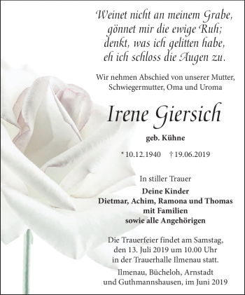 Traueranzeige von Irene Giersich von Südthüringer Presse