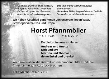 Traueranzeige von Horst Pfannmöller von Südthüringer Presse