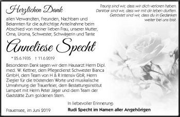 Traueranzeige von Anneliese Specht von Südthüringer Presse