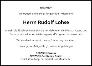 Traueranzeige von Rudolf Lohse von Frankenpost