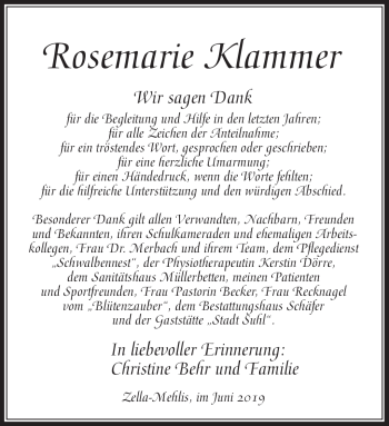 Traueranzeige von Rosemarie Klammer von Südthüringer Presse