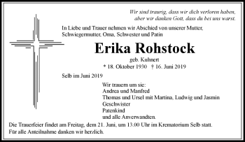 Traueranzeige von Erika Rohstock von Frankenpost