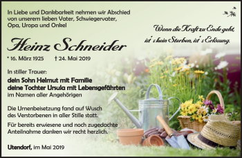 Traueranzeige von Heinz Schneider von Südthüringer Presse
