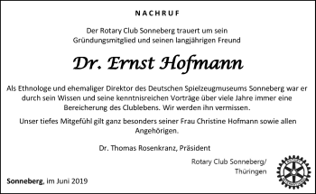 Traueranzeige von Ernst Hofmann von Südthüringer Presse