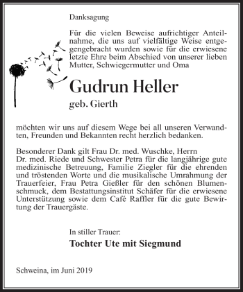 Traueranzeige von Gudrun Heller von Südthüringer Presse