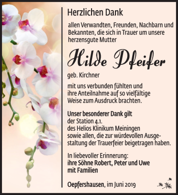Traueranzeige von Hilde Pfeifer von Südthüringer Presse