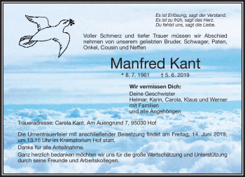 Traueranzeige von Manfred Kant von Frankenpost