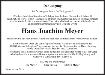 Traueranzeige von Hans Joachim Meyer von Südthüringer Presse
