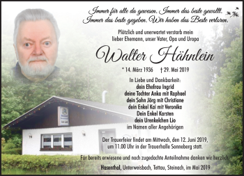 Traueranzeige von Walter Hähnlein von Südthüringer Presse