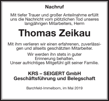 Traueranzeige von Thomas Zeikau von Südthüringer Presse