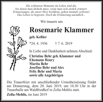 Traueranzeige von Rosemarie Klammer von Südthüringer Presse