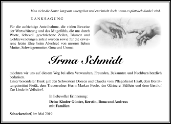 Traueranzeige von Irma Schmidt von Südthüringer Presse