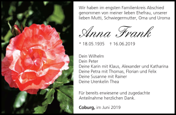 Traueranzeige von Anna Frank von Neue Presse Coburg