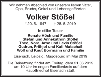 Traueranzeige von Volker Stößel von Südthüringer Presse