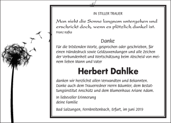 Traueranzeige von Herbert Dahlke von Südthüringer Presse