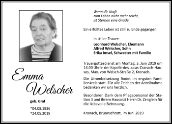 Traueranzeige von Emma Welscher von Neue Presse Coburg
