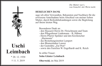Traueranzeige von Uschi Leimbach von Südthüringer Presse