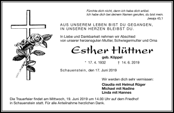 Traueranzeige von Esther Hüttner von Frankenpost