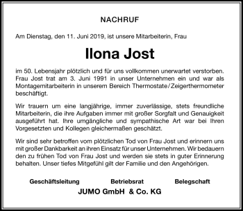 Traueranzeige von Ilona Jost von Südthüringer Presse