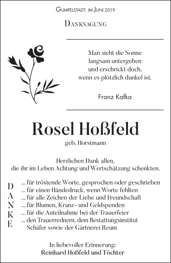 Traueranzeige von Rosel Hoßfeld von Südthüringer Presse