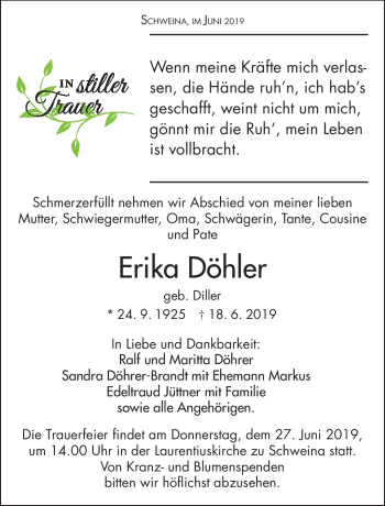 Traueranzeige von Erika Döhrer von Südthüringer Presse