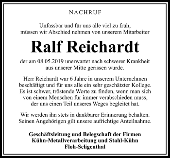 Traueranzeige von Ralf Reichhardt von Südthüringer Presse