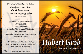 Traueranzeige von Hubert Grob von Südthüringer Presse